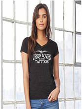 Load image into Gallery viewer, A- V-neck - Big and Bold Jesus Loves Me and My Tattoos
