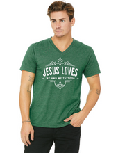 Load image into Gallery viewer, Jesus Loves Me and My Tattoos - Classic- V-neck
