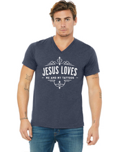 Load image into Gallery viewer, Jesus Loves Me and My Tattoos - Classic- V-neck
