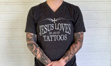 Load image into Gallery viewer, A- V-neck - Big and Bold Jesus Loves Me and My Tattoos
