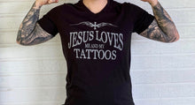 Load image into Gallery viewer, A- V-neck - Big and Bold Jesus Loves Me and My Tattoos
