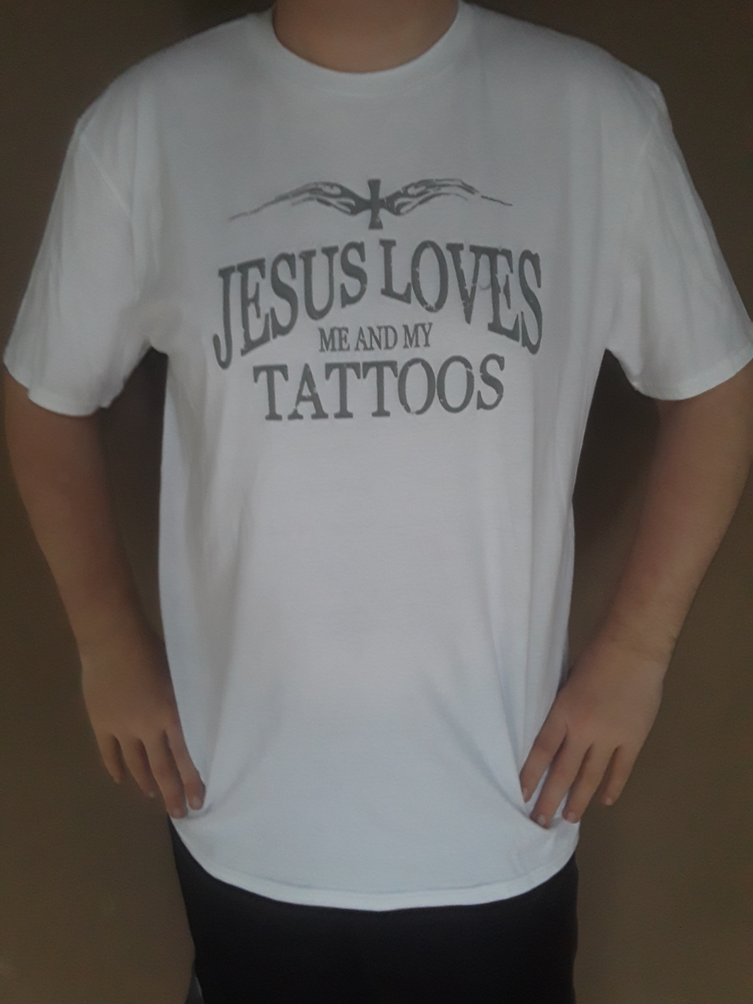 White Big and Bold Jesus Loves Me and my Tattoos